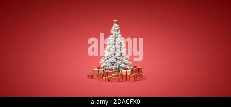 Sapin de Noël avec cadeaux et ornements dorés rendu 3D Banque D'Images