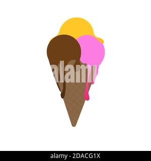 Crème glacée à la fraise, au chocolat et à la mangue dans un cône de gaufres au chocolat brun sur fond blanc Illustration de Vecteur