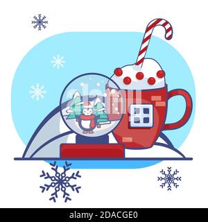 Pingouin en boule de verre sur fond blanc isolé. Carte postale de Noël pour invitation ou carte-cadeau, carnet, carreaux de bain, album. Étui ou tissu pour téléphone Illustration de Vecteur