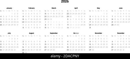 Calendrier mensuel de l'année 2026. La semaine commence le dimanche. Bloc de mois en deux lignes et six colonnes disposition horizontale. Design simple et minimaliste. Illustration vectorielle. Illustration de Vecteur