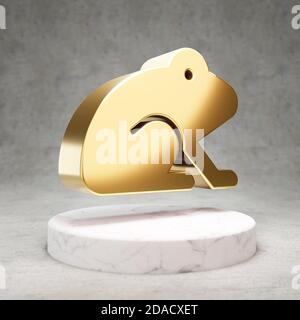 Icône grenouille. Symbole Frog doré brillant sur podium en marbre blanc. Icône moderne pour site Web, médias sociaux, présentation, élément de modèle de conception. Rendu 3D. Banque D'Images