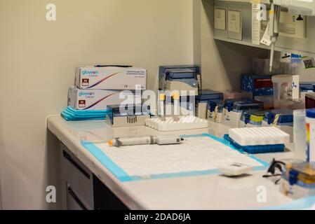 Melbourne, Australie. 11 novembre 2020. Un espace de paillasse scientifique avec des tubes, des pointes de pipettes et d'autres articles de laboratoire dans un laboratoire de recherche médicale situé à l'Alfred (Hôpital) qui est impliqué dans la recherche novatrice en gastroentérologie. Credit: Alexander Bogatirev/SOPA Images/ZUMA Wire/Alay Live News Banque D'Images