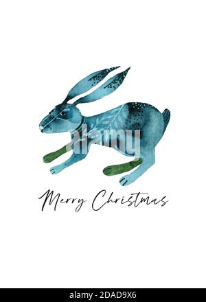 illustration de vacances d'un joli lapin dans les mitaines disant Joyeux Noël et Bonne Année. Fond de Noël avec personnage de dessin animé souriant. Banque D'Images