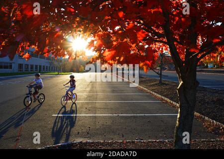 Enfants à vélo dans un parking vide avec coloré Feuillage d'automne rouge au premier plan sous la lumière du soleil de la fin de l'après-midi.Berkeley Heights.New Jersey. États-Unis Banque D'Images