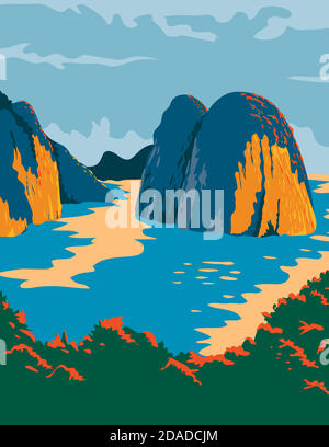 Affiche WPA de la baie d'Ha long ou de la baie d'Halong dans la province de Quang Ninh, au Vietnam fait dans l'administration de projets d'œuvres ou le style de projet d'art fédéral. Illustration de Vecteur