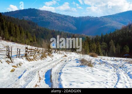 campagne carpathienne par une belle journée d'hiver. beau paysage rural montagneux. clôture le long de la route à travers la neige couvert prairie entre l'épinette pour Banque D'Images