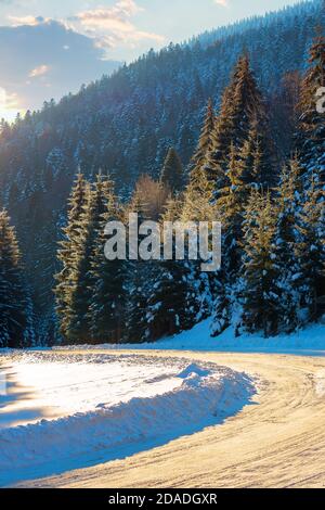 route enneigée à travers la forêt dans les montagnes. beau paysage d'hiver au lever du soleil. épicéa le long du chemin dans le givre et la lumière du soleil Banque D'Images