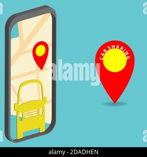 Concept de partage de voiture. Application de partage de voiture sur le téléphone mobile Illustration de Vecteur