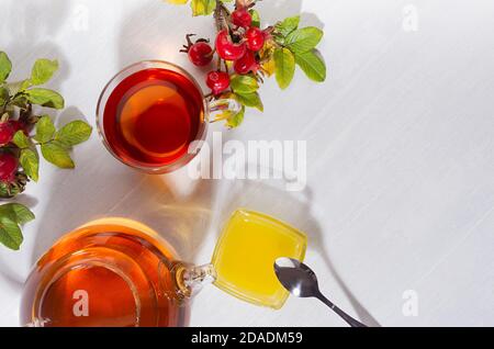 Heure de thé d'automne avec thé rosehip avec théière, tasse, branche de hanche rose d'automne par temps ensoleillé avec ombres sur table en bois blanc vue du dessus, espace de copie, gros plan. Banque D'Images