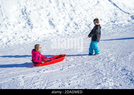 Frère tirant sa sœur enfants luge neige de traîneau. Petite fille et petit garçon en traîneau. Enfants traîneaux. Les enfants jouent à l'extérieur dans la neige. Traîneau pour enfants. Banque D'Images