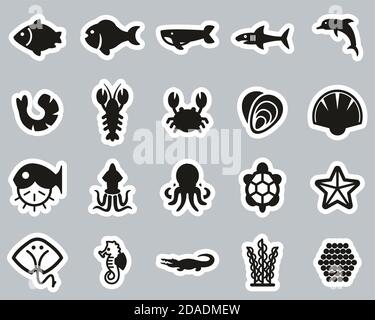 Ensemble d'autocollants noir et blanc Sea Life & Seafood Icons Grande Illustration de Vecteur