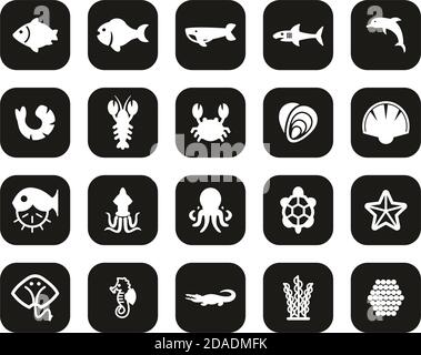 Sea Life & Seafood Icons blanc sur fond de plat noir Définir grand Illustration de Vecteur