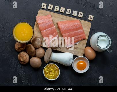 Composition avec des produits riches en vitamine D. Banque D'Images