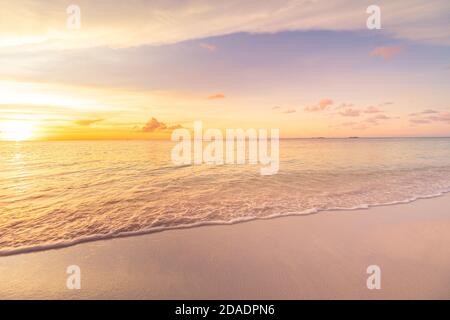 Magnifique coucher de soleil sur la plage et la mer. Plage tropicale au beau coucher du soleil. Arrière-plan de la nature. Paysage exotique, littoral, côte, vagues calmes, sable doux Banque D'Images