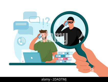 Illustration du concept de criminalité en ligne, fraude sur les réseaux sociaux en ligne. Un escroc et un voleur travaillent à l'ordinateur. Illustration vectorielle plate isolée sur fond blanc Illustration de Vecteur
