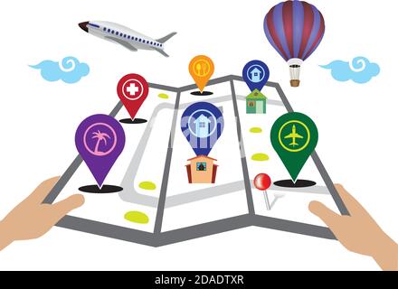 Mains tenant trois cartes avec des icônes de marqueurs 3D pour le voyage et le tourisme. Illustration vectorielle isolée sur fond blanc. Illustration de Vecteur