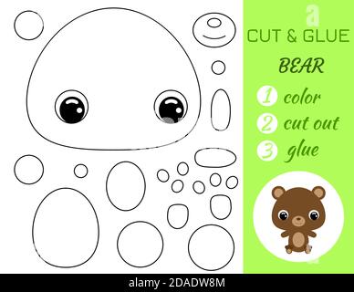 Simple jeu éducatif coloriage page couper et la colle assis bébé ours pour les enfants. Jeu de papier éducatif pour les enfants d'âge préscolaire. Couleur, pièces coupées et glu Illustration de Vecteur