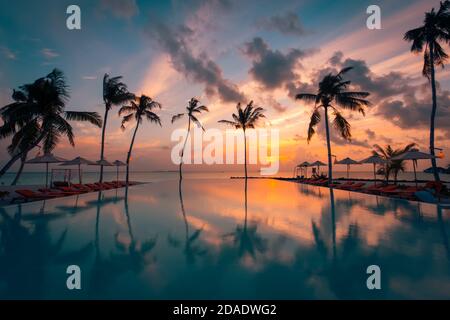 Plage de luxe. Magnifique piscine et coucher de soleil. Luxueux paysage tropical de plage, chaises longues et chaises longues piscine à débordement reflet de l'eau. Banque D'Images