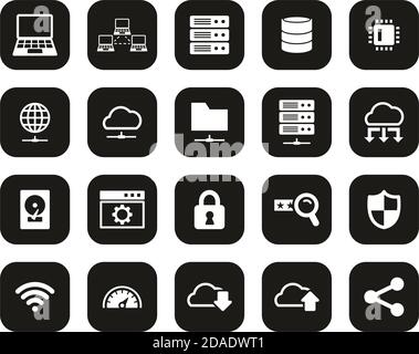 Icônes de serveur et de centre de données blanc sur fond noir Définir grand Illustration de Vecteur