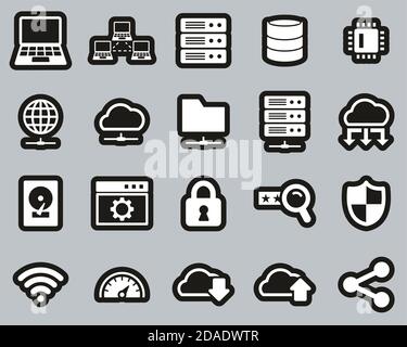 Jeu d'autocollants blancs sur noir pour icônes de serveur et de centre de données Grande Illustration de Vecteur