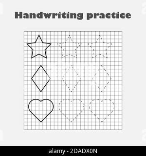 Feuille d'entraînement à l'écriture manuscrite, activité préscolaire pour enfants, jeu éducatif pour enfants, feuille de travail imprimable, formation à l'écriture, formes géométriques blanches noires Illustration de Vecteur