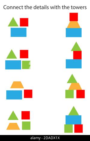 Connectez les détails et les tours, les formes géométriques colorées pour les enfants, le jeu d'éducation amusant pour les enfants, l'activité de feuille de travail préscolaire, la tâche pour le Illustration de Vecteur