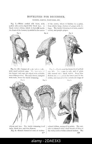 Des bonnets à la mode 1864 de Godey's Lady's Book and Magazine, décembre 1864, Volume LXIX, (Volume 69), Philadelphie, Louis A. Godey, Sarah Josepha Hale, Banque D'Images