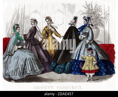 Godey's Fashion for March 1864 from Godey's Lady's Book and Magazine, Marc, 1864, Volume LXIX, (Volume 69), Philadelphie, Louis A. Godey, Sarah Josepha Hale, Banque D'Images