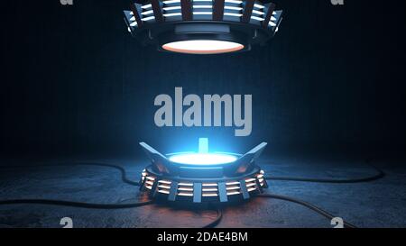 Design de maquette techno de socle de produit. Podium lumineux vide, scène d'illustration 3D avec spots pour la publicité produit. Banque D'Images