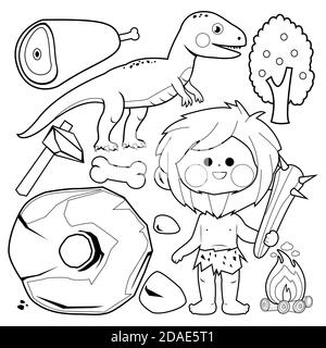 Ensemble de cavets et dinosaures préhistoriques. Page de couleur noir et blanc Banque D'Images