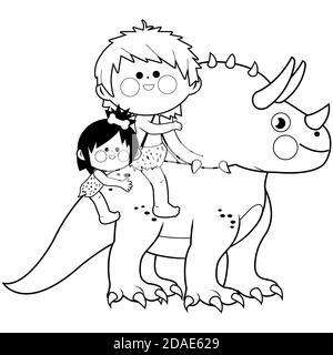 Enfants à cheval sur un animal préhistorique de triceratops. Page de couleur noir et blanc Banque D'Images