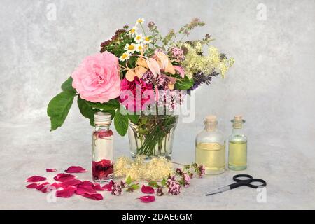 Préparation à l'huile essentielle d'aromathérapie avec herbes et fleurs d'été dans un vase pour infuser dans l'huile. Encore la vie avec des bouteilles et des ciseaux sur gris marbré Banque D'Images