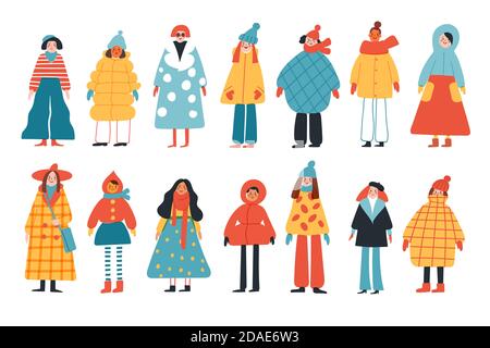 Grand jeu de personnages féminins dans différents vêtements à la main style dessiné Illustration de Vecteur