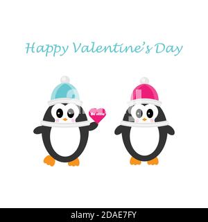 Couple mignon de pingouins tombés amoureux, bonne Saint Valentin, tenant un coeur, conception plate pour carte d'invitation, illustration vectorielle dans le style de dessin animé Illustration de Vecteur