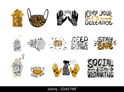 Ensemble d'affiches dessinées à la main pour pandémie. Restez à la maison. Portez un masque. Lavez-vous les mains. Conserver la distance. Restez en sécurité. Illustration vectorielle. Illustration de Vecteur
