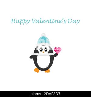 Manchot mignon tenant un coeur, bonne Saint Valentin, être mienne, modèle plat pour carte d'invitation, illustration vectorielle en style de dessin animé Illustration de Vecteur