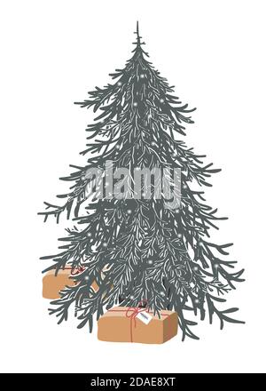 Arbre de Noël Merry dessiné à la main décoré de lumières. Symbole de congé. Élément d'esquisse de dessin animé, arbre de Noël coloré isolé sur fond blanc. Vecteur Illustration de Vecteur