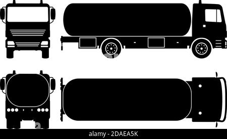 Silhouette de camion-citerne sur fond blanc. Les icônes monochromes du véhicule définissent la vue latérale, avant, arrière et supérieure Illustration de Vecteur