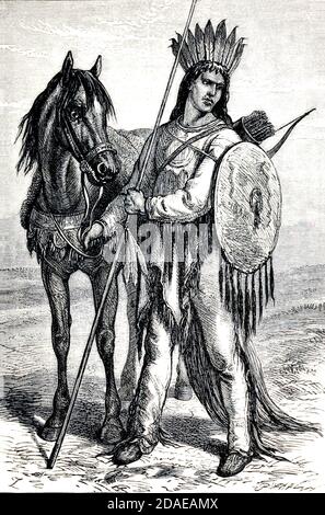 Crow Chef indien avec armes et gravure de cheval sur bois de la race humaine par Figuier, Louis, (1819-1894) publication en 1872 Éditeur: New York, Appleton Banque D'Images