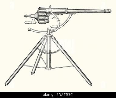 Une ancienne gravure d'un pistolet à petit qui a été breveté en 1718. Il est issu d'un livre victorien d'ingénierie mécanique des années 1880. Le fusil Puckle (également connu sous le nom de canon de défense) est un revolver primitif à la flintlock inventé par James Puckle (1667–1724). C'était l'une des premières armes à être désignées comme un «fusil de chasse». Il n'a jamais été fabriqué en aucune quantité ni utilisé pendant le combat. Il s'agit d'une arme à verrou tournant à une barrée montée sur trépied équipée d'un cylindre rotatif à commande manuelle. Puckle a annoncé sa principale application comme arme anti-embarquement pour les navires. Banque D'Images