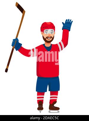 Réjouissez-vous du joueur de hockey. Personnage masculin de style dessin animé. Illustration de Vecteur