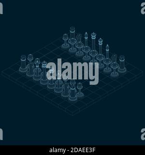 Échiquier filaire avec pièces d'échecs faites de lignes bleues sur un fond sombre. Vue isométrique. 3D. Illustration vectorielle. Illustration de Vecteur