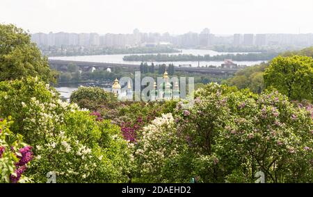 KIEV, UKRAINE - 10 mai 2019 : vue sur le monastère de Vydubychi, le fleuve Dnipro et les fleurs de lilas dans le jardin botanique national de Hryshko à Kiev. Banque D'Images