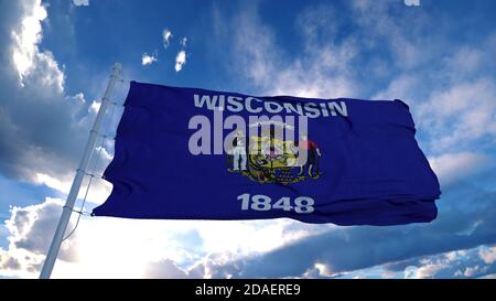 Drapeau du Wisconsin sur un mât agitant dans le vent, fond bleu ciel. rendu 3d Banque D'Images