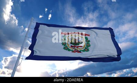 Drapeau de la Virginie occidentale sur un mât agitant dans le vent, fond bleu ciel. rendu 3d Banque D'Images