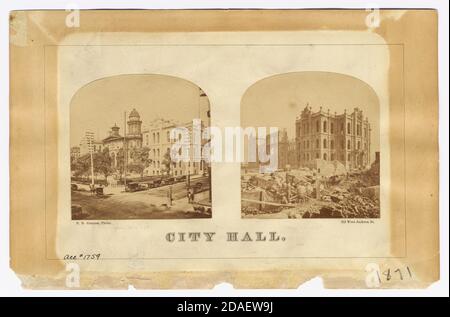 Hôtel de ville et palais de justice les 8 et 13 octobre 1871, avant et après le Chicago Fire de 1871, Chicago, Illinois. Banque D'Images