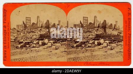 Vue sur les ruines de l'hôtel Palmer House après le feu de Chicago de 1871. Banque D'Images
