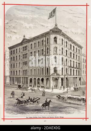 Vue extérieure du Tribune Building, situé dans Madison Street et Dearborn Street, Chicago, Illinois, vers 1873. Banque D'Images