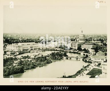 Vue plongeante au nord-ouest à partir de l'édifice des arts libéraux de la foire mondiale de l'exposition colombienne, Chicago, Illinois, 1893. Banque D'Images