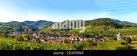 Vue panoramique sur le magnifique village d'Andlau en Alsace. Pentes avec raisins mûrs. Vue magnifique sur les Vosges. Idylle et grâce. Banque D'Images